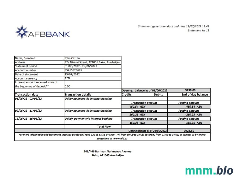 Szablon wyciągu bankowego Azerbejdżanu Afbbank w formacie Excel i PDF
